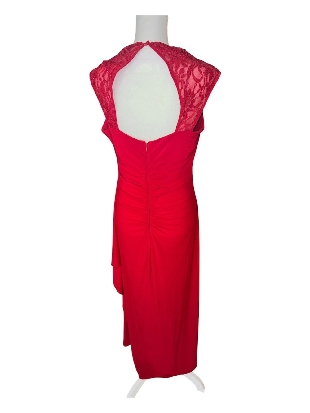 R&M Richards Red Draped Midi Dress with Lace Cap Sleeves - Picture 2 of 5